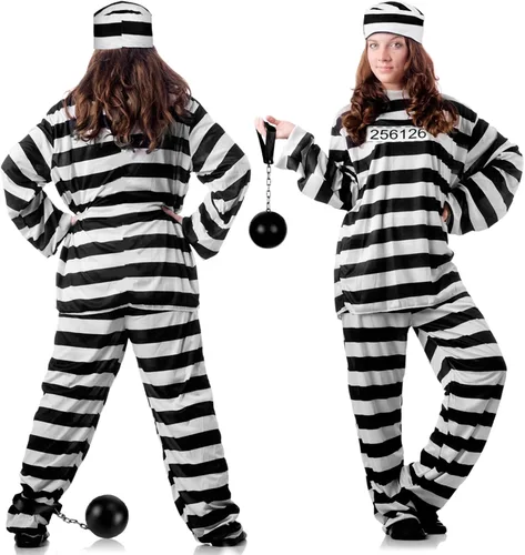 Vista 2 de Eurzom 6 piezas de disfraz de prisionero para mujer, prisionero a rayas, para adultos, recluso y hombre, disfraz de convicto para fiesta de Halloween