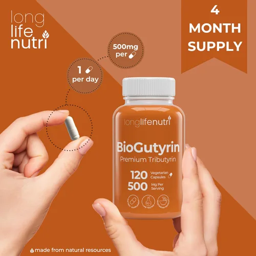 Vista 5 de BioGutyrin - Tributirina 500 mg, suplemento postbiótico para la función intestinal y absorción de nutrientes, 120 cápsulas vegetarianas, ácido