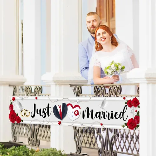 Vista 4 de Labakita Cartel grande de Just Married, cartel de ceremonia de boda para patio delantero, cartel de boda para exterior interior, suministros