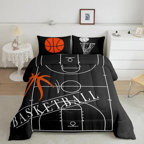 Vista 6 de Erosebridal Juego de ropa de cama de baloncesto tamaño individual para niños, juego de edredón deportivo para cancha de baloncesto, edredón marrón