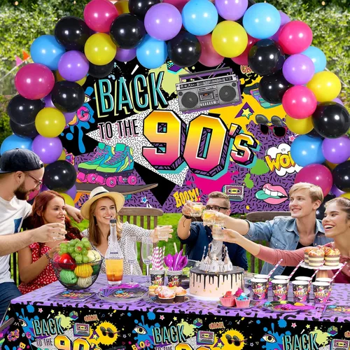 Vista 7 de Cunhill Decoraciones de fiesta de los años 90, temática de los años 90, globos de látex de regreso a los 90, mantel de fiesta de los 90, platos