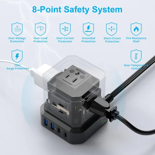 Vista 5 de Regleta de alimentación con USB-C (3.0A), protector de sobretensiones TOPREK (700J), cable de extensión de 10 pies con 5 CA y 4 USB, enchufe plano
