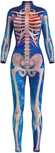 Vista 27 de Sister Amy Disfraz de esqueleto de calavera para mujer de Halloween, traje ajustado de una pieza J-colorido esqueleto