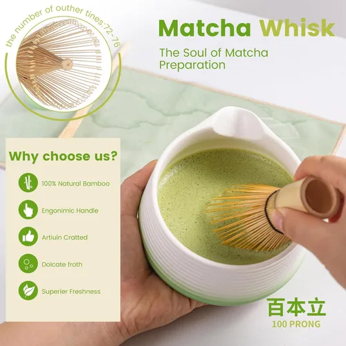 Vista 5 de Juego de 7 batidores de matcha, kit completo de ceremonia de té japonés con cuenco de cerámica (Chawan) y batidor de bambú, juego tradicional