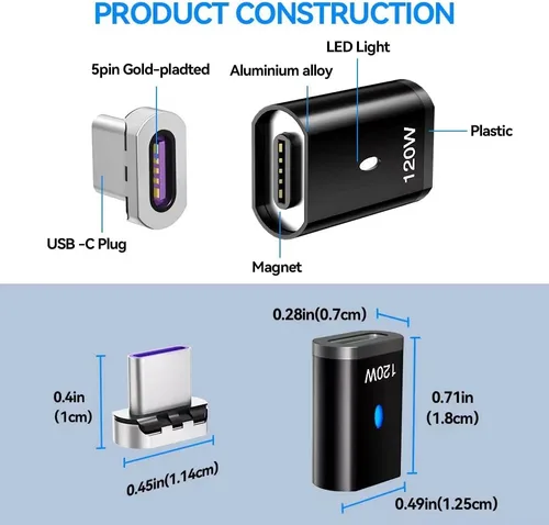 Vista 5 de Adaptador magnético USB C Ángel derecho + USB magnético tipo C recto 5 pines, compatible con PD 120 W carga rápida, transferencia de datos de 480