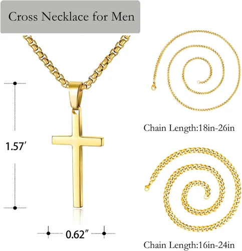 Vista 5 de Collar de cruz para hombre, collar con colgante de cruz en capas de acero inoxidable dorado, negro y plateado, regalo de joyería, cadena cubana