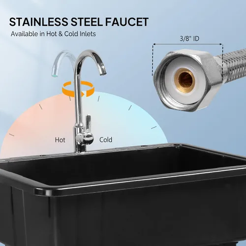 Vista 4 de ROVSUN Fregadero utilitario de plástico negro de 20 galones con grifo de agua caliente y fría, capacidad de carga de 150 libras, altura y versión