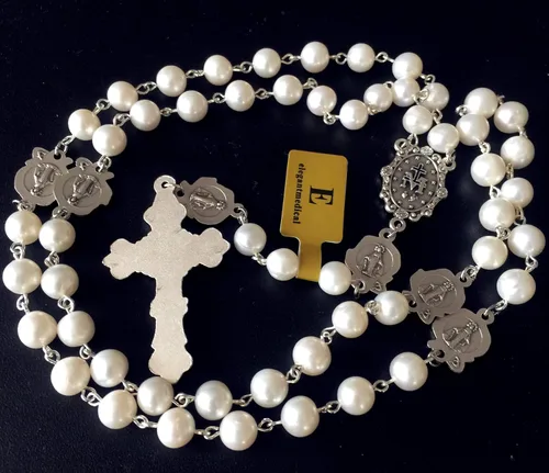 Vista 6 de elegantmedical Católica Nice White AAA8mm Real Pearl Nuestra Señora de Gracia Medalla de Rosario de Plata 5 Décadas Cruz Crucifijo Crucifijo Caja