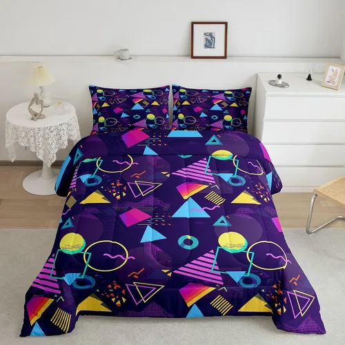 Vista 39 de Juego de edredón de estilo retro de los años 80, juego de ropa de cama de patrón geométrico abstracto, diseño urbano moderno con círculos