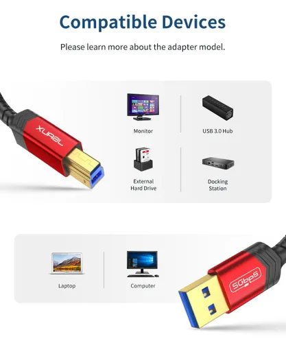Vista 7 de JSAUX Cable de impresora USB 3.0, tipo A macho a B 3.0 macho (1M/3.3ft) Cable USB 3.0 tipo B trenzado de nylon compatible con estación