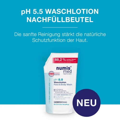 Vista 3 de Numis Med Jabón facial y corporal pH 5.5 para pieles sensibles, gel de baño hidratante enriquecido con vitamina B5 para piel seca, lavado de baño