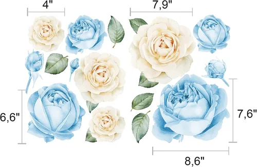 Vista 2 de Calcomanías de pared de rosas de acuarela (azul y blanco)