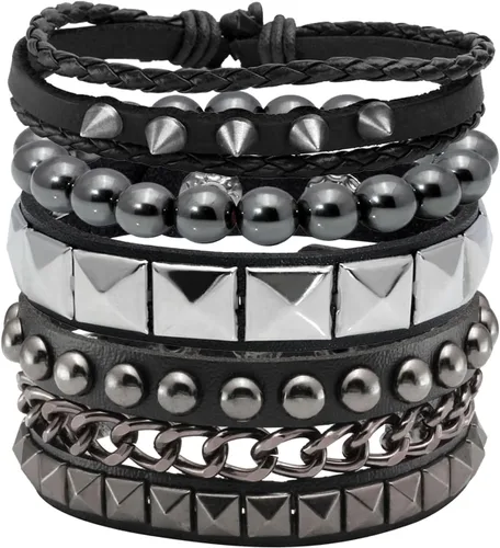 Vista 3 de Eigso Juego de 4 pulseras de cuero punk, con tachuelas de roca para hombres y mujeres, estilo retro, clásico, con pinchos, de metal, para hombre