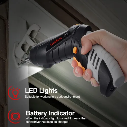 Vista 5 de Destornillador eléctrico Goldsea 4.2V inalámbrico 3.5N.m 1500mAh Carga tipo C 10 piezas de puntas de destornillador vástago hexagonal de 1/4" mango