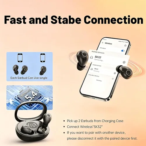 Vista 3 de Mini auriculares inalámbricos Bluetooth con pantalla LED, auriculares para dormir intrauditivos con tapas de silicona suave, funda de carga Negro