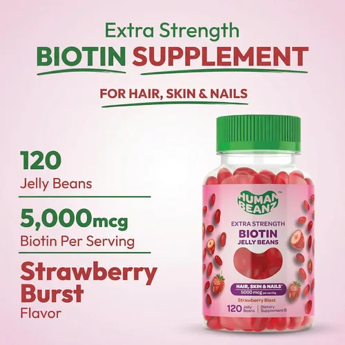Vista 2 de Human Beanz Biotin Jelly Bean Vitaminas gomosas, biotina extra fuerte para cabello, piel y uñas, 5000 mcg por porción, vitaminas para el crecimiento