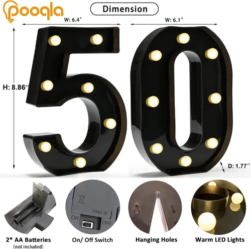 Vista 4 de Pooqla - Números iluminados negros, decoraciones de cumpleaños 50 para hombres Number 50