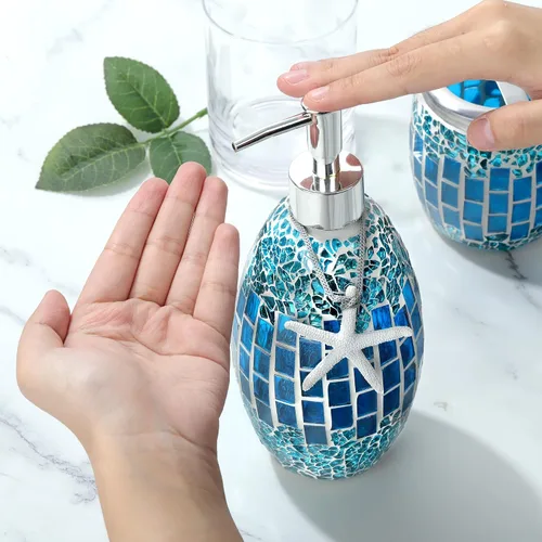 Vista 4 de Joeyan Juego de accesorios de baño de vidrio azul hecho a mano, juego de baño decorativo de mosaico, incluye dispensador de jabón, soporte