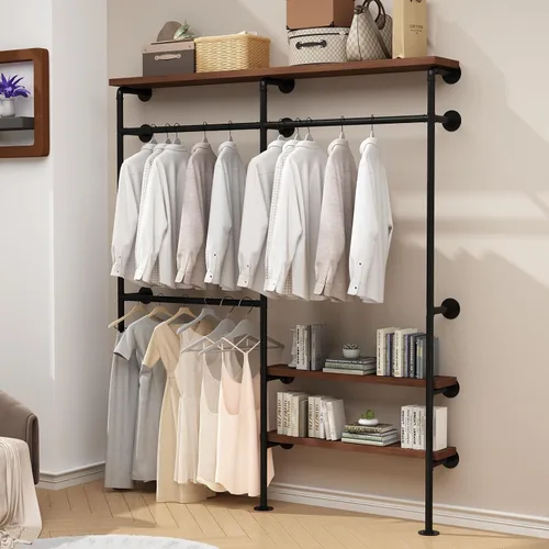 Vista 7 de HOMEKAYT Perchero Industrial de Tubería para Ropa, Perchero de Pared con Estantes, Estante Colgante de Ropa Multiusos de Servicio Pesado - 70.8''L