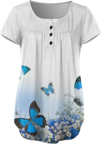 Vista 3 de Summer Womens Low Neck Short Sleeve Tops Floral Printing T Shirt with Buckle Pleat Casual Slim Tee Blouse for Teen Girl