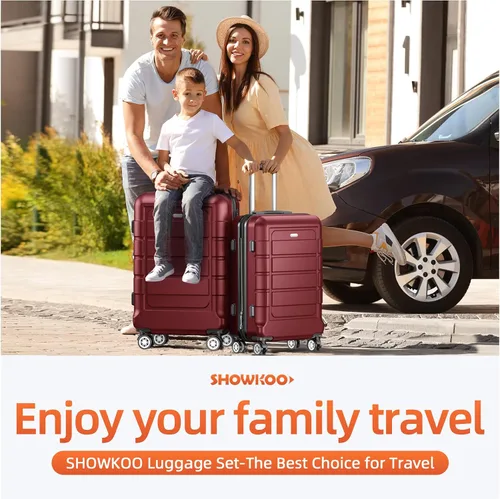 Vista 2 de SHOWKOO Sets de equipaje, maleta ampliable con doble ruedas, bloqueo TSA, 3pcs, Nuevo vino tinto), New Wine Red-01