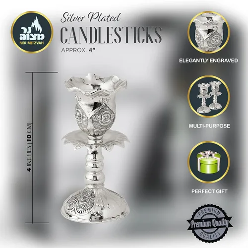Vista 3 de Ner Mitzvah Candelabros chapados en plata, par de portavelas ornamentados de 4 pulgadas con base redonda y diseño floral (paquete de 2)