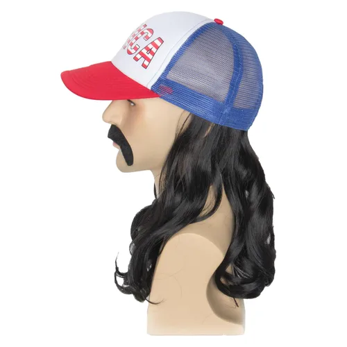 Vista 7 de Yan Dream Peluca de sombrero de salmonete rizado negro con bigote para el 4 de julio, sombrero de disfraz americano con pelo para hombres, fiesta