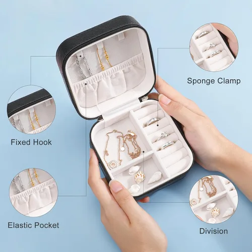 Vista 4 de ONDIAN Portable Travel Mini Jewelry Box Leather Jewelry Organizer Case Black White Dot Storage Box for Women