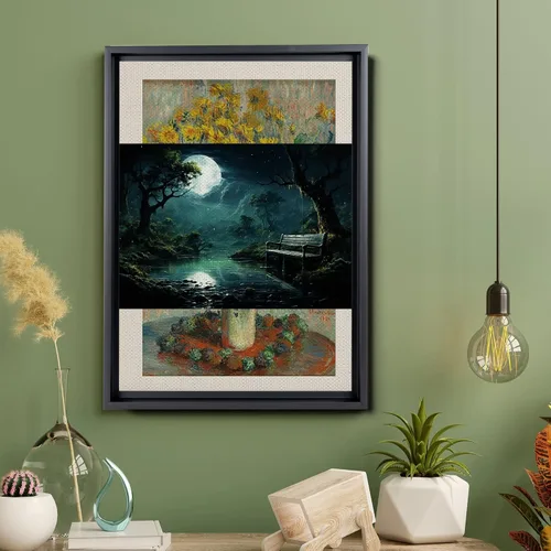 Vista 5 de Snow covered park at midnight with a full moon, watercolor nature art, framed canvas print, framed wall art