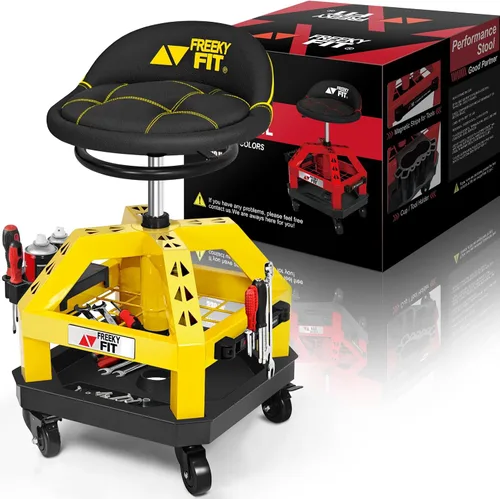 Vista 10 de Rolling Shop Taburete para garaje con ruedas, DO02 - Asiento giratorio de 360° de altura ajustable con almacenamiento de bandeja de herramientas