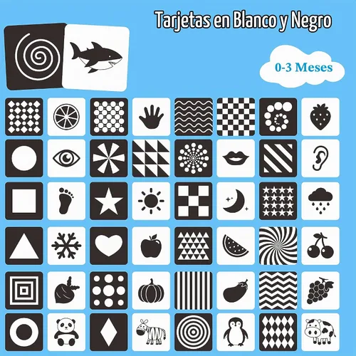 Vista 6 de 50 páginas de tarjetas de estimulación visual, 25 tarjetas de estímulo visual para bebés en blanco y negro, juego de tarjetas de desarrollo