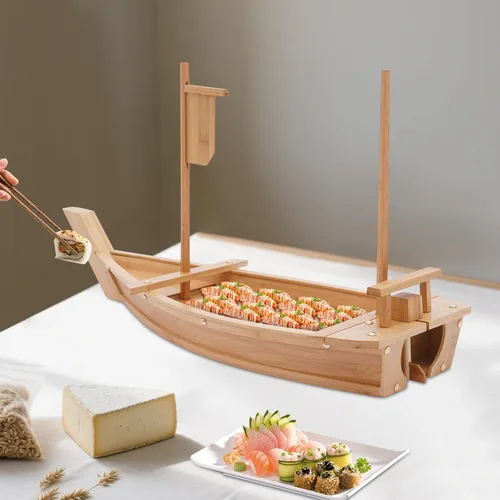 Vista 4 de Bandeja de bambú para servir en barco de sushi de 27.6 pulgadas, plato de sushi para platos de restaurante comerciales, platos de sushi extra
