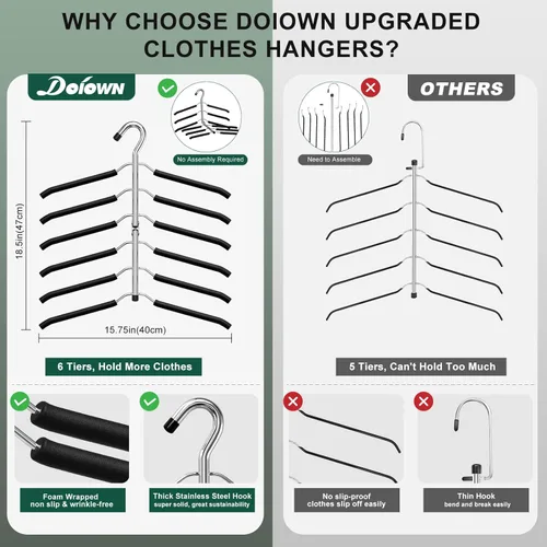 Vista 3 de DOIOWN - Perchas para ahorrar espacio de 6 niveles para abrigos - Con espuma antideslizante acolchada, perchas de metal negro para suéteres