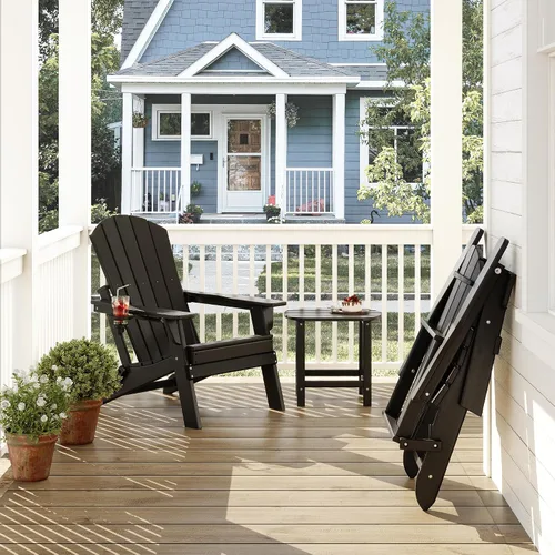 Vista 2 de Silla plegable Adirondack con soporte para tazas, de plástico HDPE resistente a todo tipo de clima, sillas de patio al aire libre con reposapiés