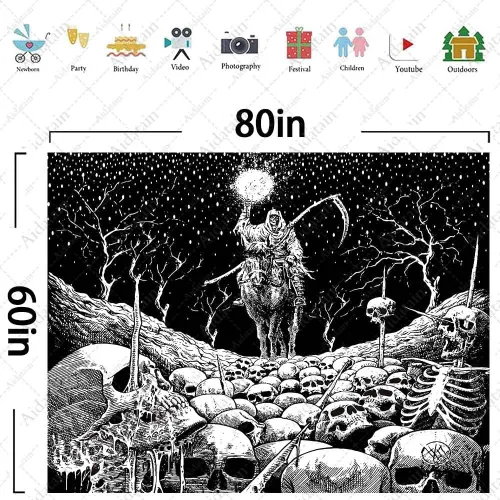 Vista 7 de Aidatain Grim Reaper - Tapiz de calavera de muerte de esqueleto para colgar en la pared de los hombres, para dormitorio, fantasía, tela de franela