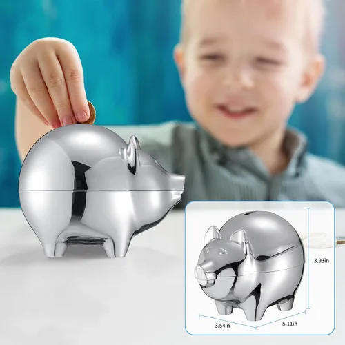 Vista 6 de Jozen Gift Caja de joyería musical de bailarina rosa mediana y hucha de metal para niños Banco de dinero para niños (plata) para niños