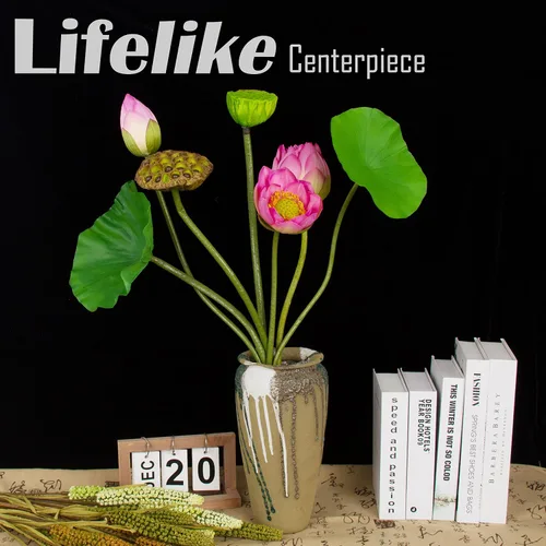 Vista 4 de Flores de loto artificiales, de 24 a 31 pulgadas, 7 tallos de plantas de loto, incluyendo flor de loto, brotes de loto, vainas de loto, hojas