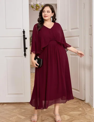 Vista 7 de Hanna Nikole Vestido de fiesta de noche de gasa con cuello en V para mujer, talla grande, manga capa, maxi vestidos para invitados de boda