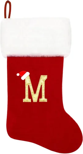 Vista 203 de Calcetines de Navidad bordados de 20 pulgadas con monograma, terciopelo negro con puño de felpa blanca supersuave, adornos clásicos para decoración