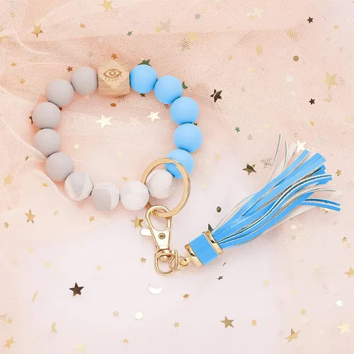 Vista 2 de Llavero de silicona para mujer con cuentas de llavero de pulsera portátil de borla de coche