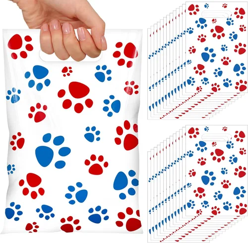 Vista 11 de Pasimy 100 bolsas de regalo de pata de perro a granel, diseño de pata de mascota, bolsas de plástico con asa para decoración de fiesta de cumpleaños