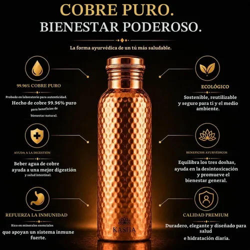 Vista 2 de KASHA Ayurvedic - Botella de agua de cobre puro 99.96% para agua potable, probada en laboratorio, 32 onzas, botella de agua de cobre puro a prueba