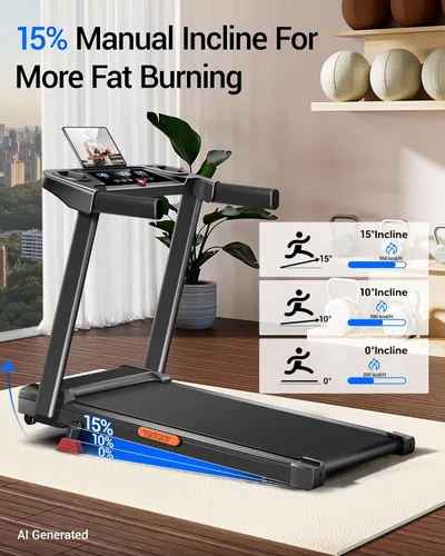 Vista 9 de Cintas de correr inclinadas 15% plegables para el hogar, 12 modos automáticos Cinta de correr con asa, cinta de correr silenciosa de 3.0 HP, tres