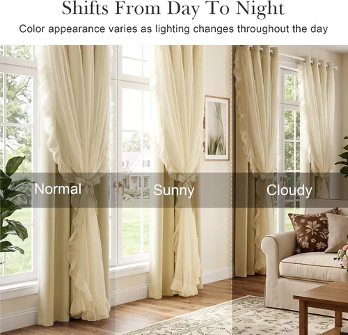 Vista 7 de PONY DANCE 100% Blackout Beige Curtains for Bedroom, Double Layer Room Darkening Drapes with White Ruffle Sheer Overlay, Boho Living Room Decor