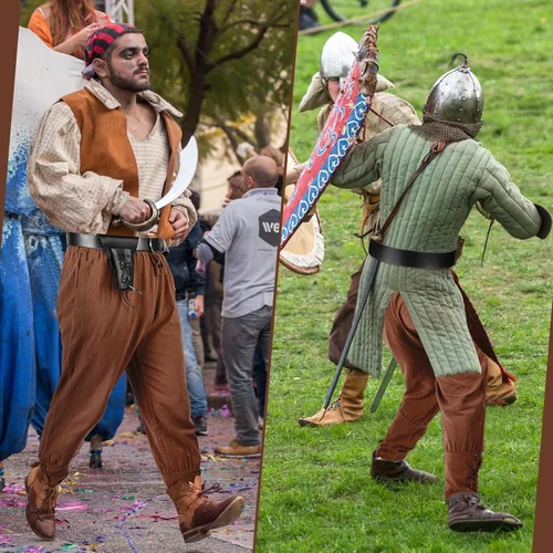 Vista 5 de 3 unidades de pantalones pirata renacentista para hombre, para Halloween, medievales, pirata, con bandas de tobillo, cinturón vikingo para pirata