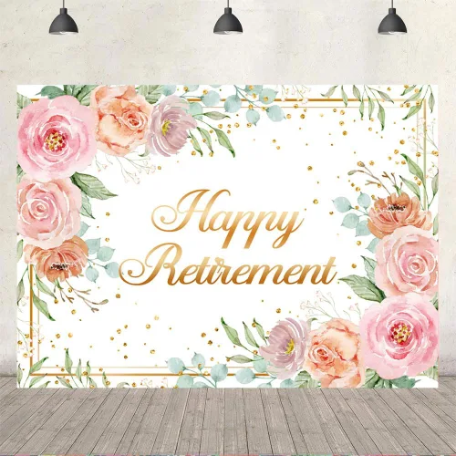 Vista 4 de Ticuenicoa Telón de fondo de feliz jubilación de 5 x 3 pies para mujer, fondo de fotos de lunares rosas rosas y dorados, decoración de fiesta