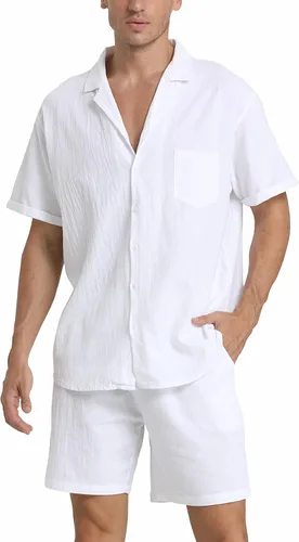 Vista 26 de RPOVIG Conjunto corto de camisa de lino: conjunto casual de 2 piezas con botones para hombre