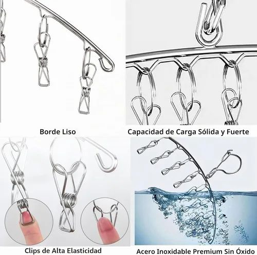 Vista 3 de Percha de secado de ropa de acero inoxidable con gancho resistente al viento, colgador de ropa interior, perchas con 8 clips para secar calcetines