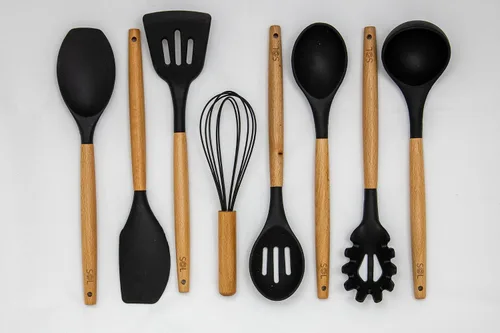 Vista 2 de SOL -Juego de cucharas de madera para cocinar utensilios de cocina de silicona con mango de madera, juego de 8 piezas - Cuchara para servir, cuchara