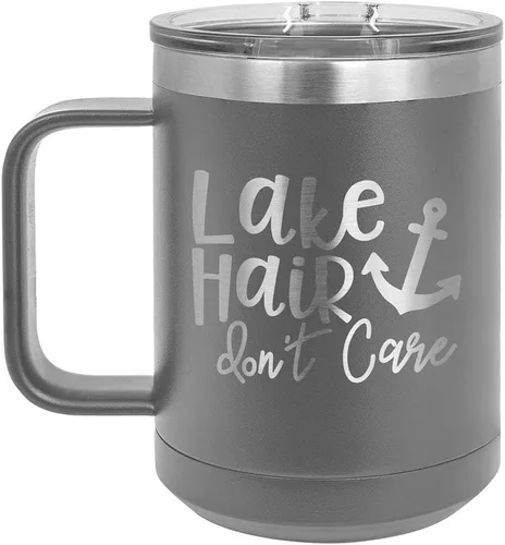 Vista 11 de LAKE HAIR NO CUIDAR Taza de café negra de 15 oz con tapa superior deslizante Taza de café de viaje aislada Ideas de regalo de cumpleaños